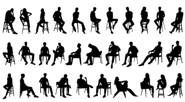 conjunto de siluetas de personas sentadas en diferentes posturas vector