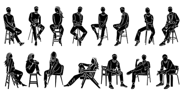 conjunto de siluetas de personas sentadas en un vector de fondo blanco