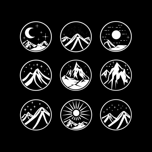 Conjunto de siluetas de picos de montaña Icono de montaña rocosa aislada Logos de pico de colina de roca de montaña Vector