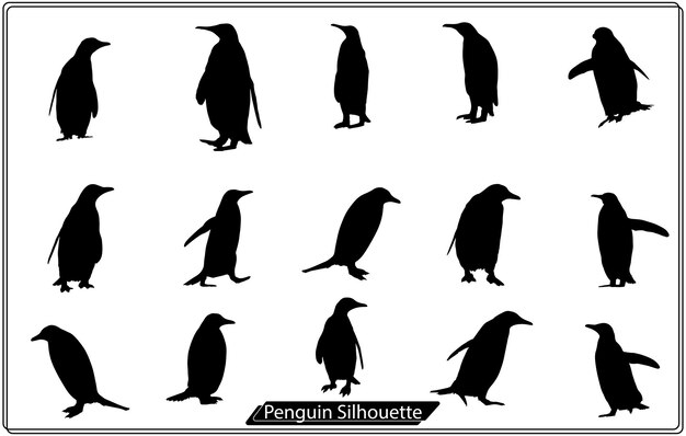 Conjunto de siluetas de pingüinos en negro.