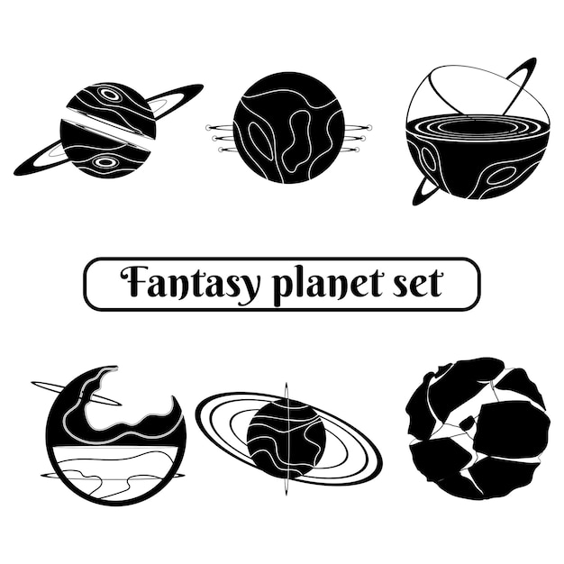 Conjunto de siluetas de planetas de fantasía de ciencia ficción Vector