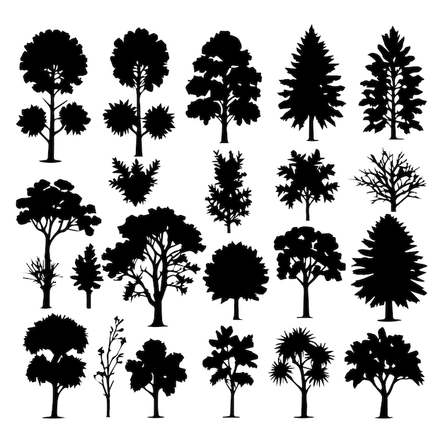 Conjunto de siluetas de plantas y árboles