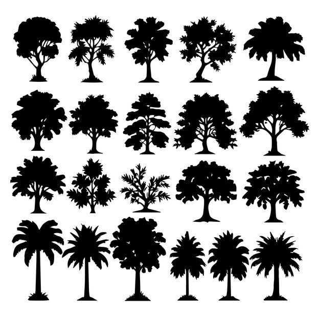 Vector conjunto de siluetas de plantas y árboles