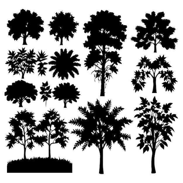 Conjunto de siluetas de plantas y árboles