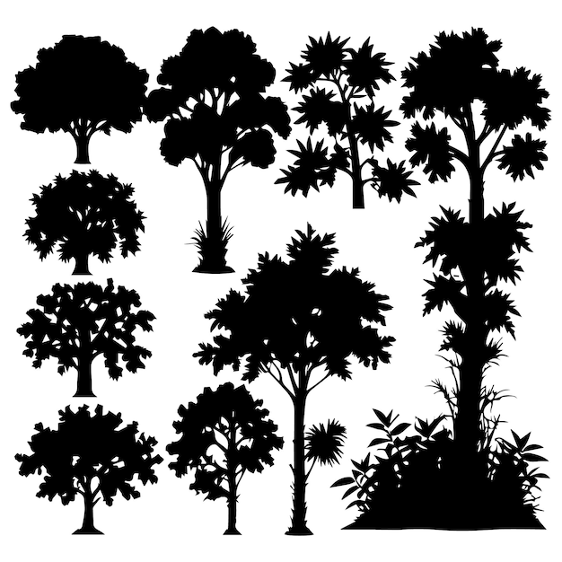 Vector conjunto de siluetas de plantas y árboles