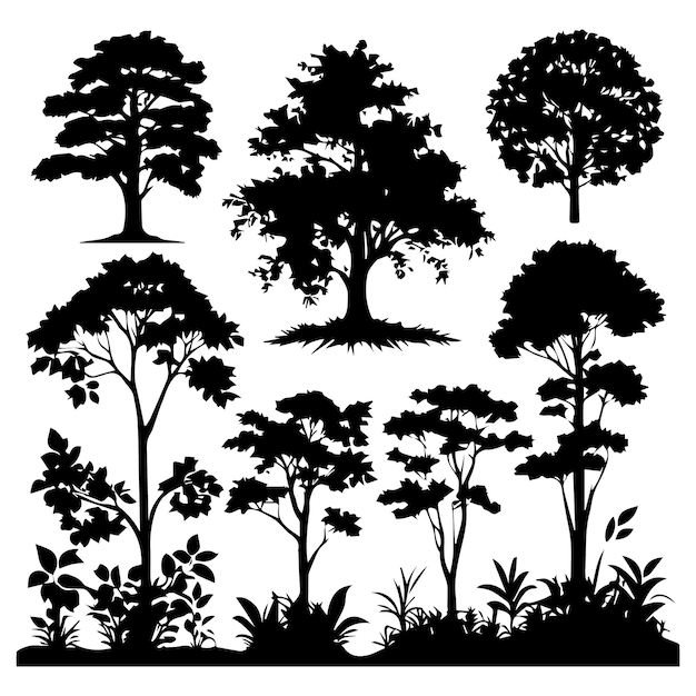 Vector conjunto de siluetas de plantas y árboles