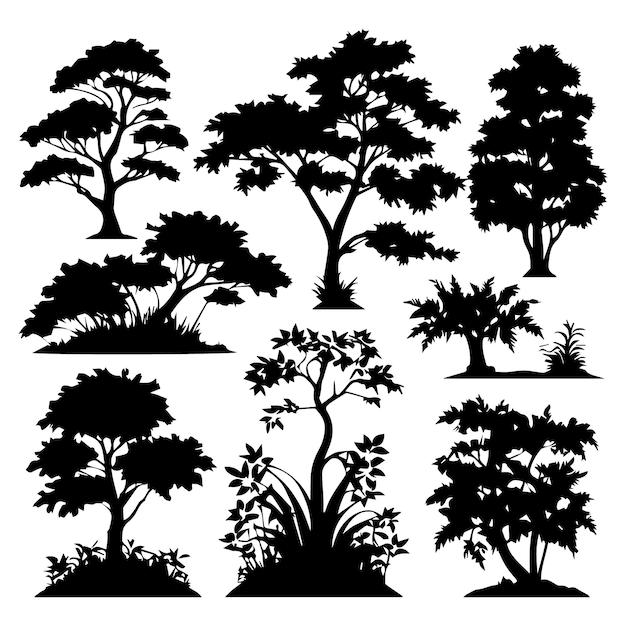 Vector conjunto de siluetas de plantas y árboles