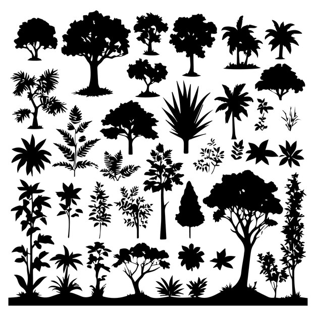 Vector conjunto de siluetas de plantas y árboles