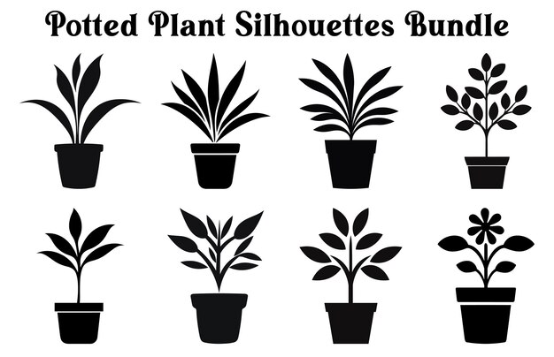 Conjunto de siluetas de plantas en macetas vectoriales Colección de imágenes prediseñadas de plantas del desierto en macetas en blanco y negro