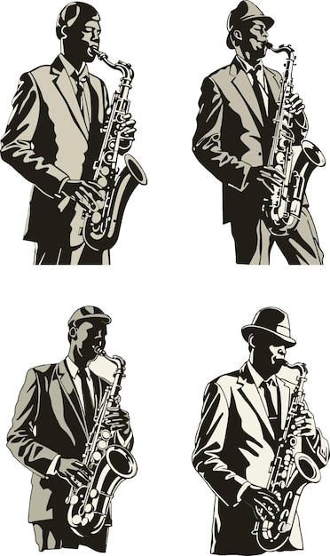 Vector conjunto de siluetas de saxofonistas y músicos de jazz