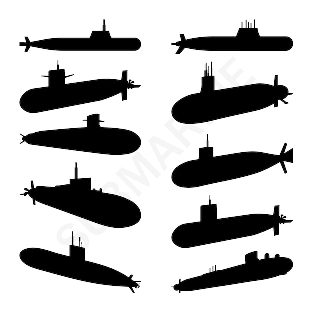 Conjunto Siluetas de submarinos Iconos de submarinos Conjunto de submarinos atómicos Ilustración de la Armada