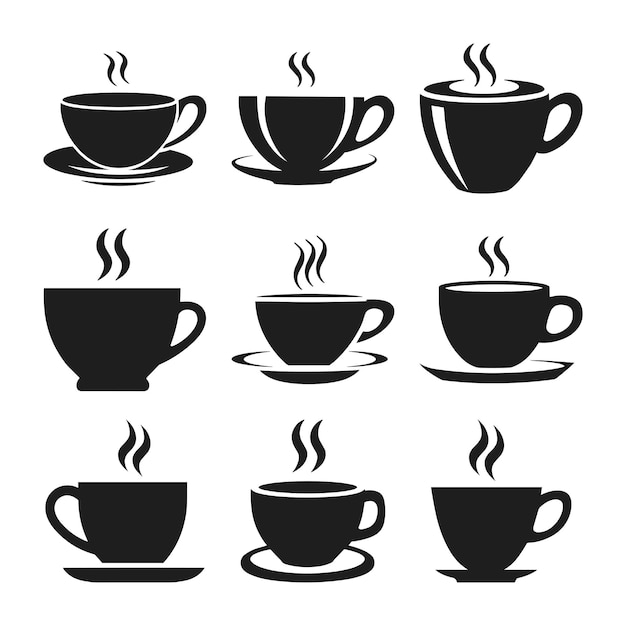 Conjunto de siluetas de tazas de café con iconos de vapor para diseños de cafeterías y bebidas