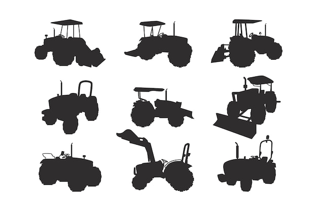 Vector conjunto de siluetas de tractores dibujadas a mano