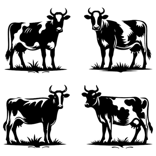 Conjunto de siluetas de vacas lecheras en blanco y negro Ilustraciones vectoriales de animales de granja