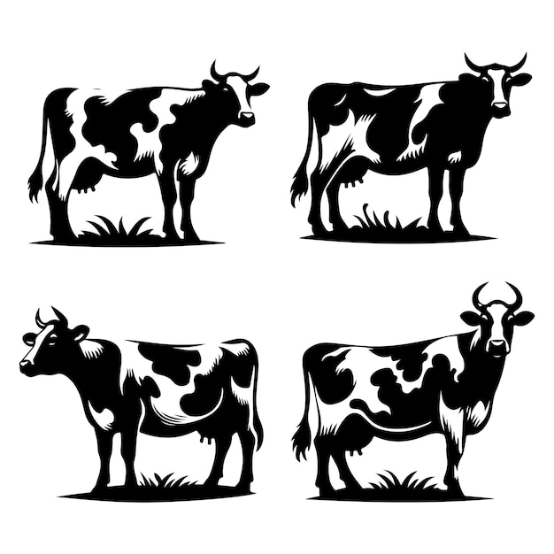Conjunto de siluetas de vacas lecheras en blanco y negro Ilustraciones vectoriales de animales de granja
