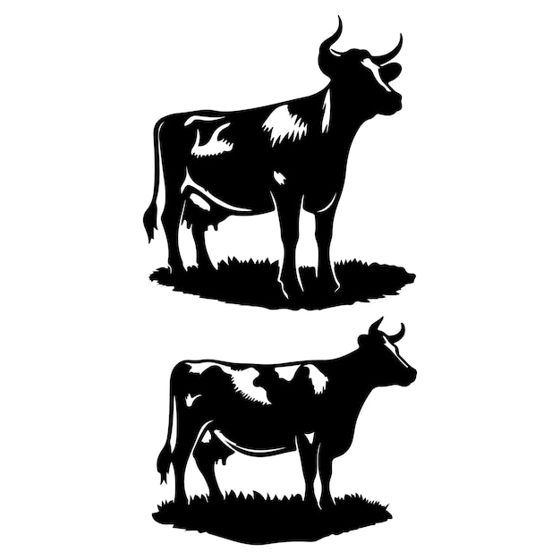 Conjunto de siluetas de vacas lecheras en blanco y negro Ilustraciones vectoriales de animales de granja