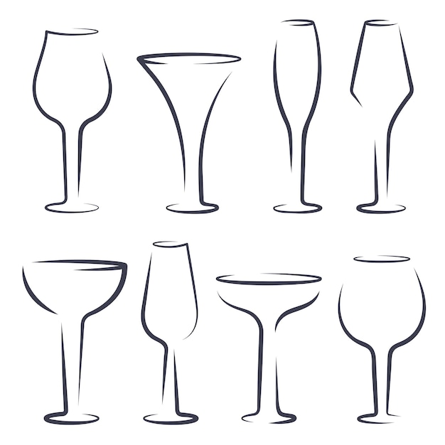 Conjunto de siluetas de vasos vacíos de vidrio aislados. Cristalería de diferentes formas para bebidas alcohólicas y cócteles. Utensilios para champagne, vino, brandy, whisky, coñac, ginebra. Ilustración plana vectorial