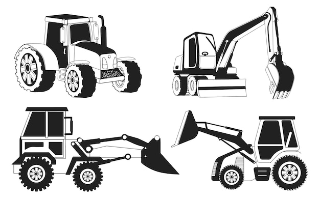 Vector conjunto de siluetas de vectores de vehículos de construcción