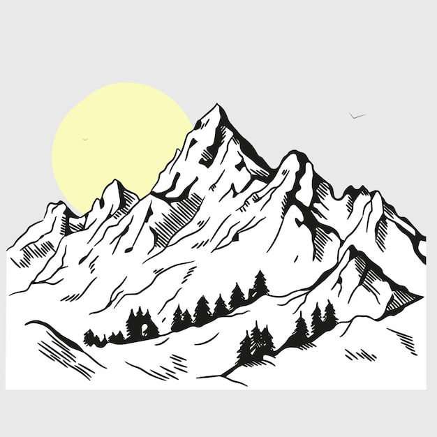 Conjunto de siluetas vectoriales dibujadas a mano de montañas, cordilleras rocosas, formas de paisajes, montañas de senderismo, guisantes.