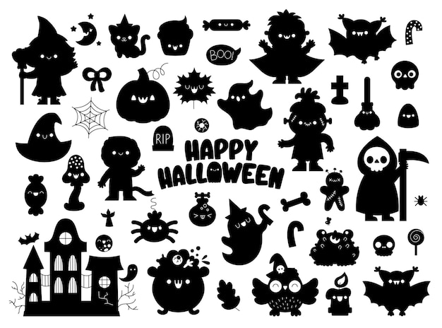 Vector conjunto de siluetas vectoriales de halloween fiesta tradicional de truco o regalo clipart en blanco y negro colección de sombras aterradoras con linterna de calabaza bat de cráneo fantasma de bruja vacaciones de otoño kawaii diseño lindo