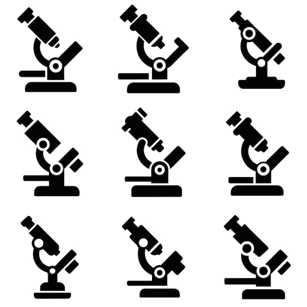 Un conjunto de siluetas vectoriales de microscopio aisladas de fondo blanco