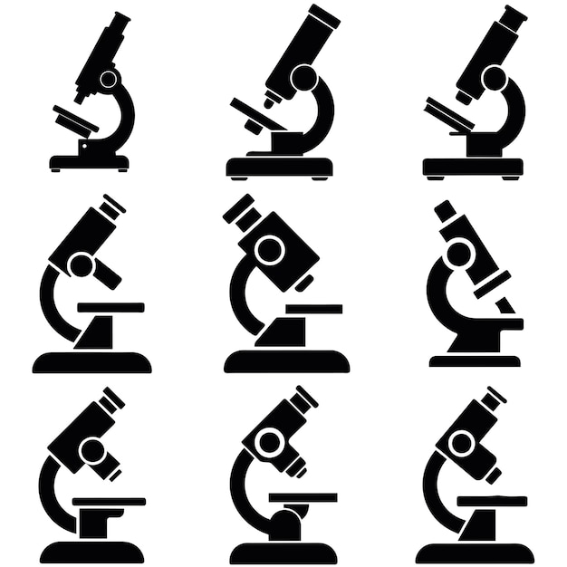 Un conjunto de siluetas vectoriales de microscopio aisladas de fondo blanco