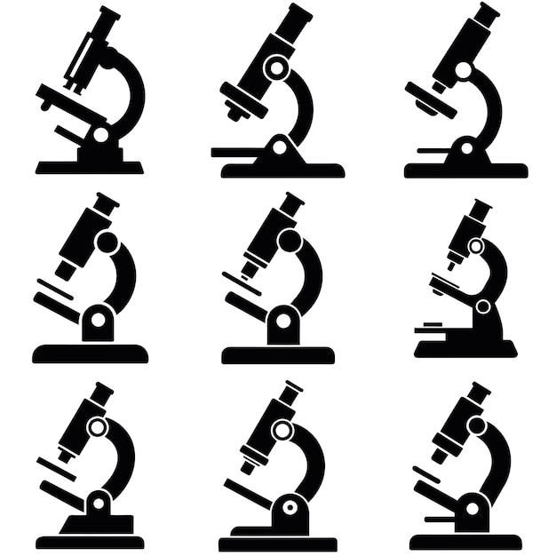 Un conjunto de siluetas vectoriales de microscopio aisladas de fondo blanco