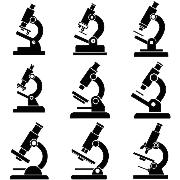 Un conjunto de siluetas vectoriales de microscopio aisladas de fondo blanco