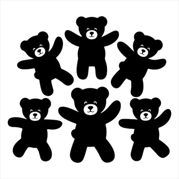 Conjunto de siluetas vectoriales de osos de peluche en varias poses