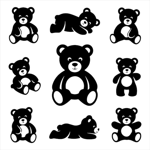 Conjunto de siluetas vectoriales de osos de peluche en varias poses