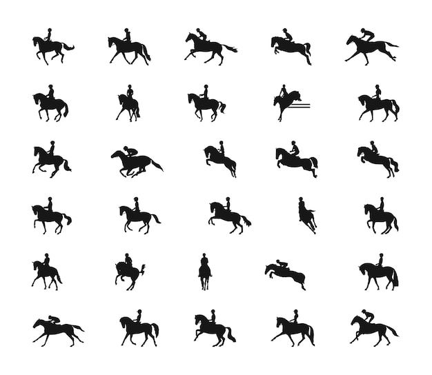 Conjunto de siluetas vectoriales sobre el tema del deporte ecuestre