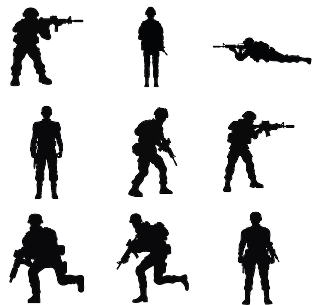 Un conjunto de siluetas vectoriales de soldados