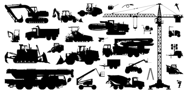 Conjunto de siluetas de vehículos de construcción Máquinas de construcción en blanco Ilustración vectorial