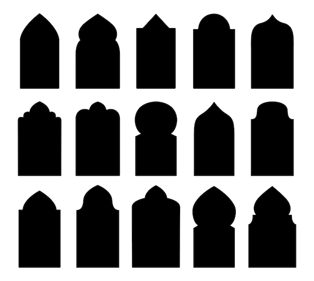 Conjunto de siluetas de ventanas de arco árabe Elementos de diseño tradicional Ilustración vectorial