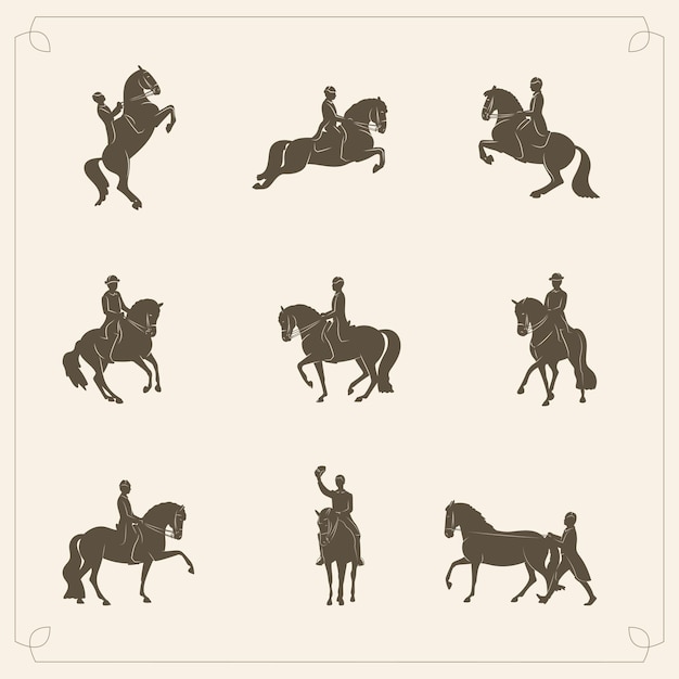 Vector conjunto de siluetas vintage de jinetes y caballos equitación clásica