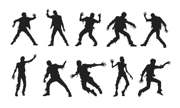 Conjunto de siluetas de zombie sobre un fondo blanco.