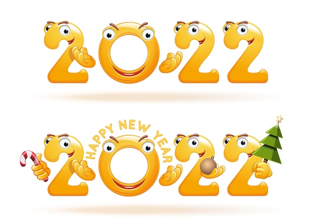 Conjunto de símbolo de año nuevo 2022. divertidos números antropomórficos divertidos 2022. felices números 2022 van a celebrar el año nuevo. ilustración vectorial