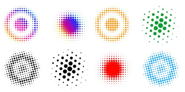 Conjunto símbolo de elementos de diseño icono editable círculos de semitono patrón de punto de semitono sobre fondo blanco marco de ilustración vectorial eps 10 con puntos aleatorios abstractos negros para tecnología electrónica