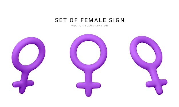 Conjunto de símbolo femenino realista 3d aislado sobre fondo blanco representaciones icono de género ilustración vectorial