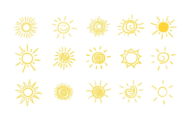 Conjunto de símbolo de vector de icono de solIlustración vectorialConjunto de diferentes soles en estilo garabato