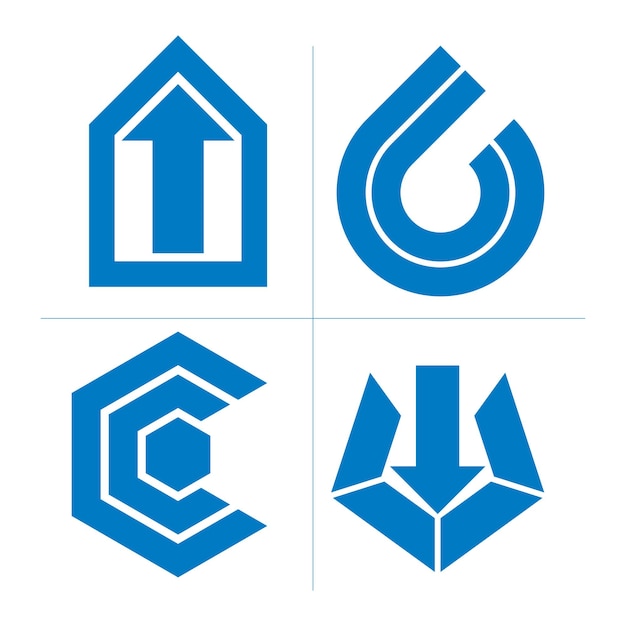 Conjunto de símbolos abstractos monocromáticos, flechas. Elementos de diseño de vector de concepto de crecimiento empresarial, iconos de tema de innovaciones.
