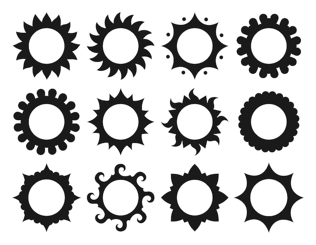Conjunto de símbolos abstractos de sol de estilo minimalista forma soleada emblema ornamental signo de verano vector de diseño plano