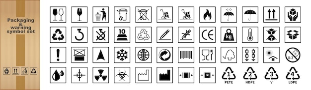 Conjunto de símbolos de advertencia de embalaje común Manejar con cuidado la recogida de mercancías como el sitio web de aplicaciones vectoriales con logotipo de carga frágil Aislado en transparente