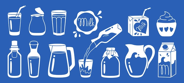 Conjunto de símbolos de alimentos lácteos de leche paquete de productos alimenticios de granja diseño de productos naturales elemento gráfico