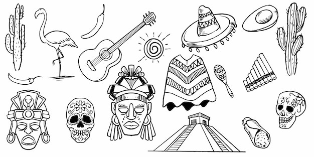 Conjunto de símbolos antiguos mexicanos dibujo dibujado a mano tribal