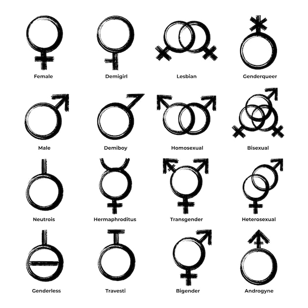 Vector conjunto de símbolos básicos de género mujer, demigirl, lesbiana, genderqueer, hombre, demiboy, homosexual, bisex