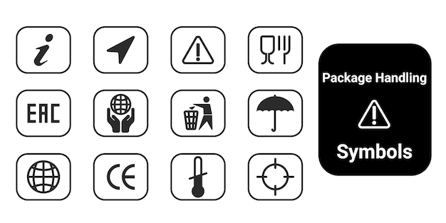 Conjunto de símbolos de la caja de embalaje Sellos de advertencia de vidrio reciclado, plástico frágil, paraguas Pictogramas redondos