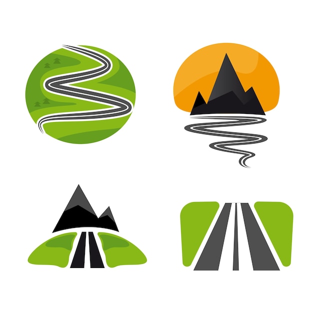 Un conjunto de símbolos de carretera y montaña de viaje