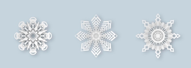 Conjunto de símbolos de corte de papel realistas de copos de nieve de Navidad Elementos de inicio de nieve para la decoración de vacaciones de invierno