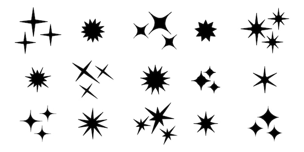 Conjunto de símbolos de destellos dibujados a mano aislados sobre fondo blanco. Ilustración de vector de doodle.